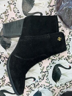 Tory Burch Black Suede Ankle Boot with Gold Logo
